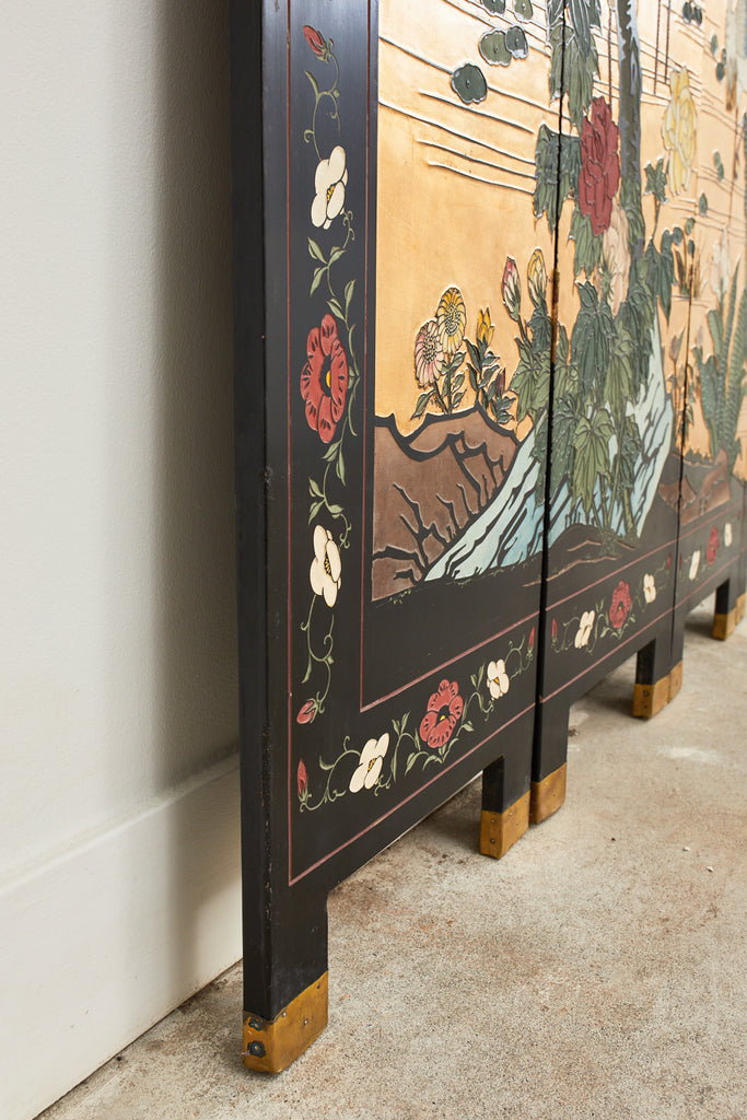 Chinese Export Four Panel Coromandel Screen Cranes on Gold Leaf