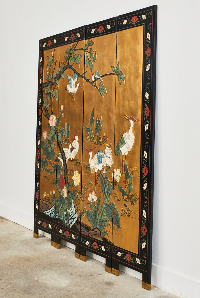 Chinese Export Four Panel Coromandel Screen Cranes on Gold Leaf
