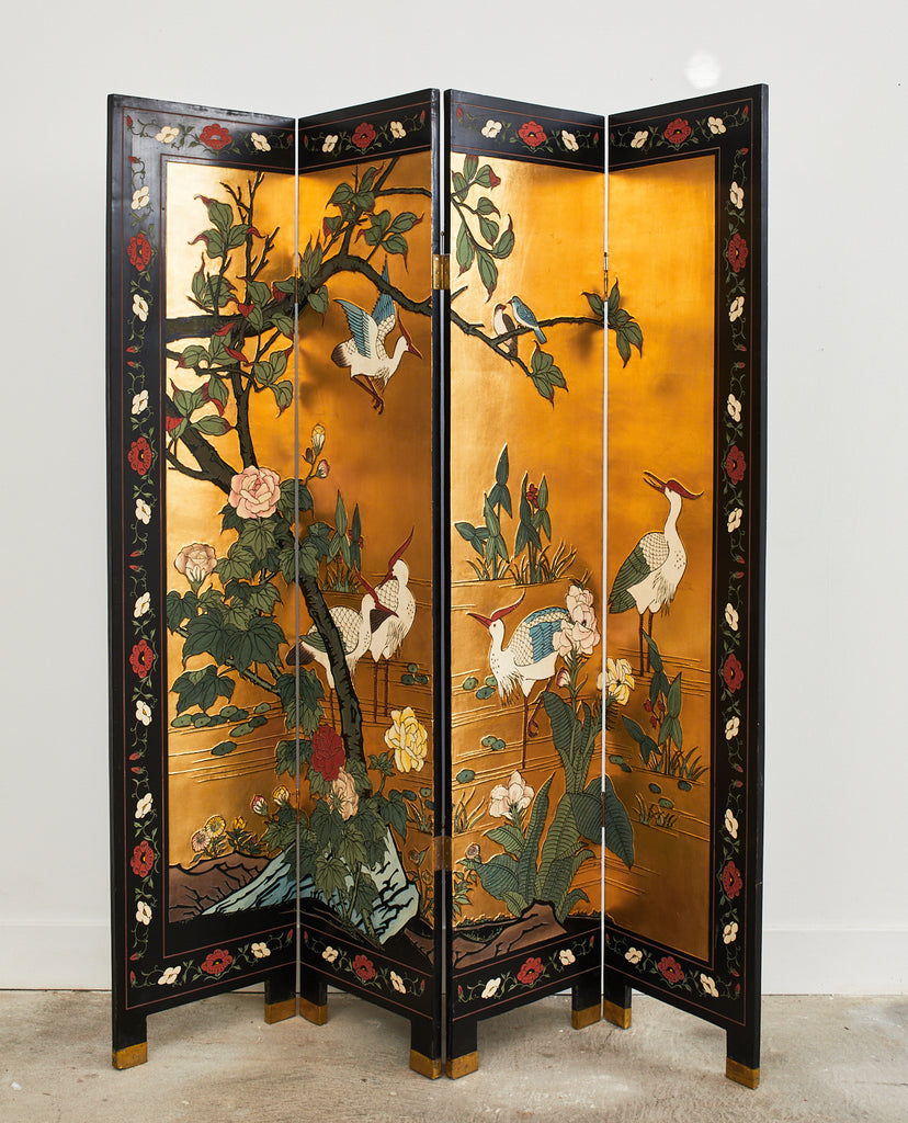 Chinese Export Four Panel Coromandel Screen Cranes on Gold Leaf