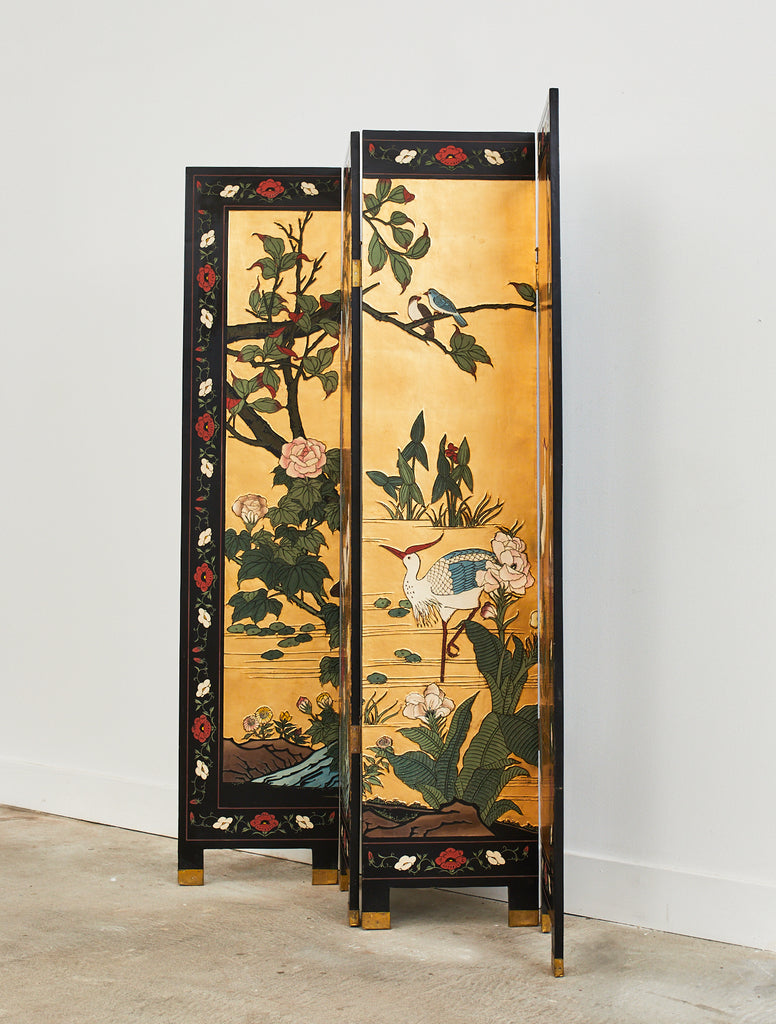 Chinese Export Four Panel Coromandel Screen Cranes on Gold Leaf
