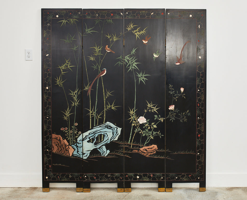 Chinese Export Four Panel Coromandel Screen Cranes on Gold Leaf