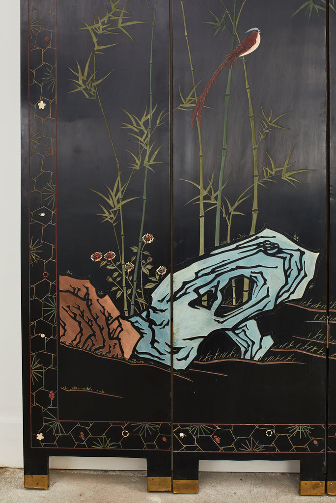 Chinese Export Four Panel Coromandel Screen Cranes on Gold Leaf