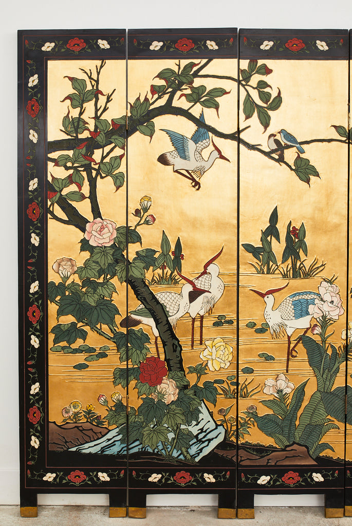 Chinese Export Four Panel Coromandel Screen Cranes on Gold Leaf
