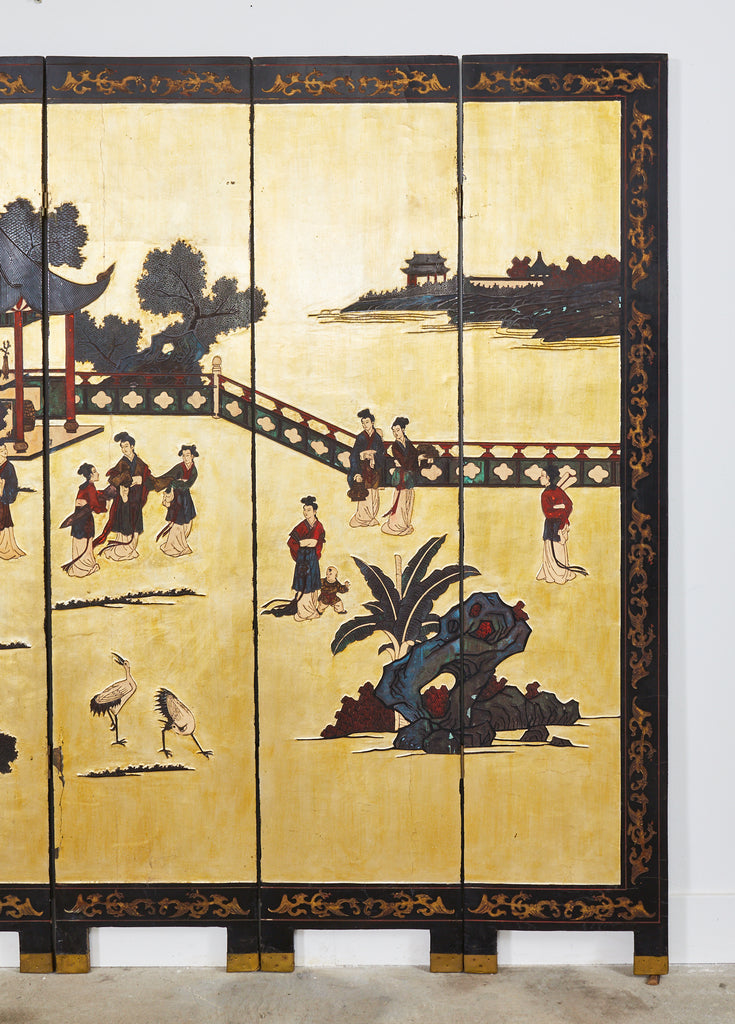 Early 20th Century Chinese Export Six Panel Gold Leaf Coromandel Screen