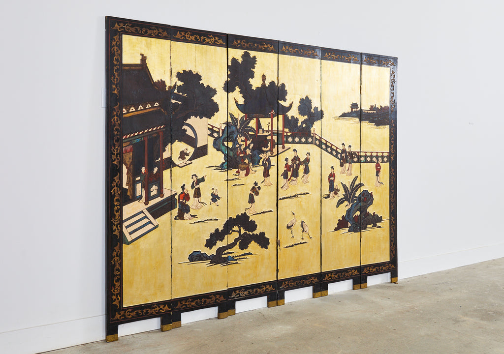 Early 20th Century Chinese Export Six Panel Gold Leaf Coromandel Screen
