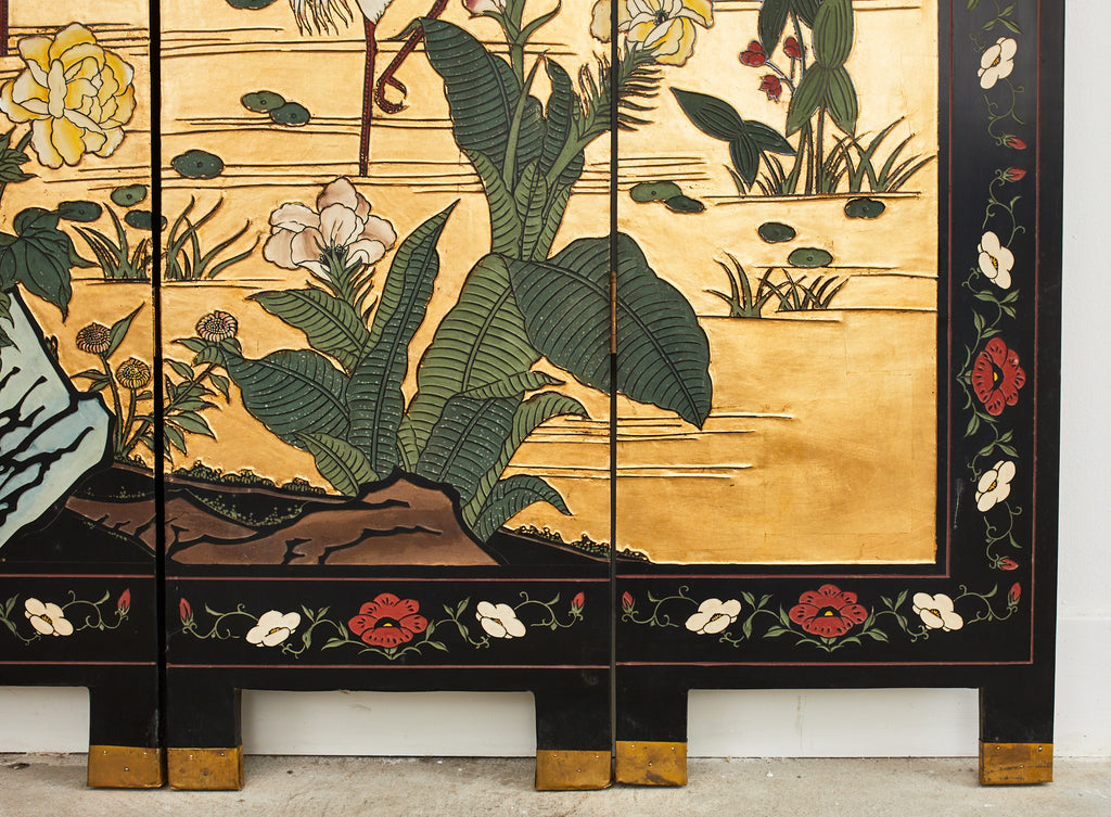 Chinese Export Four Panel Coromandel Screen Cranes on Gold Leaf