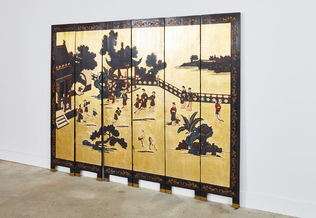 Early 20th Century Chinese Export Six Panel Gold Leaf Coromandel Screen