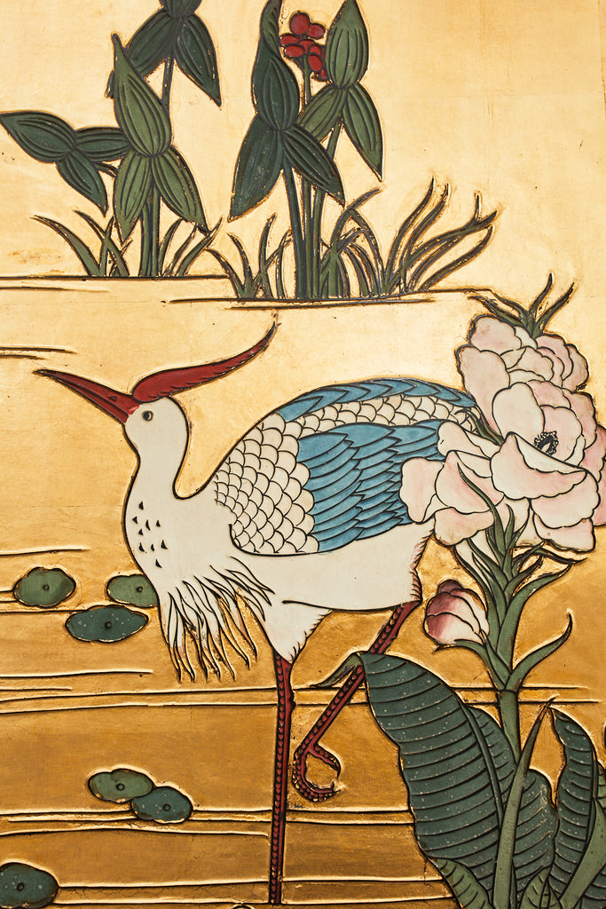 Chinese Export Four Panel Coromandel Screen Cranes on Gold Leaf