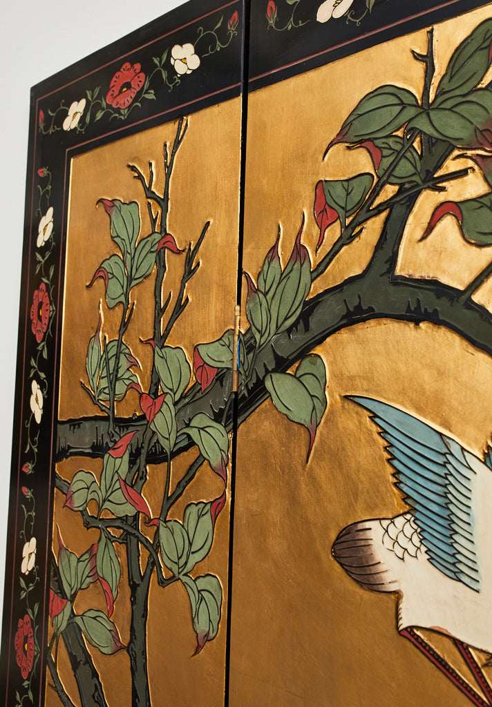 Chinese Export Four Panel Coromandel Screen Cranes on Gold Leaf
