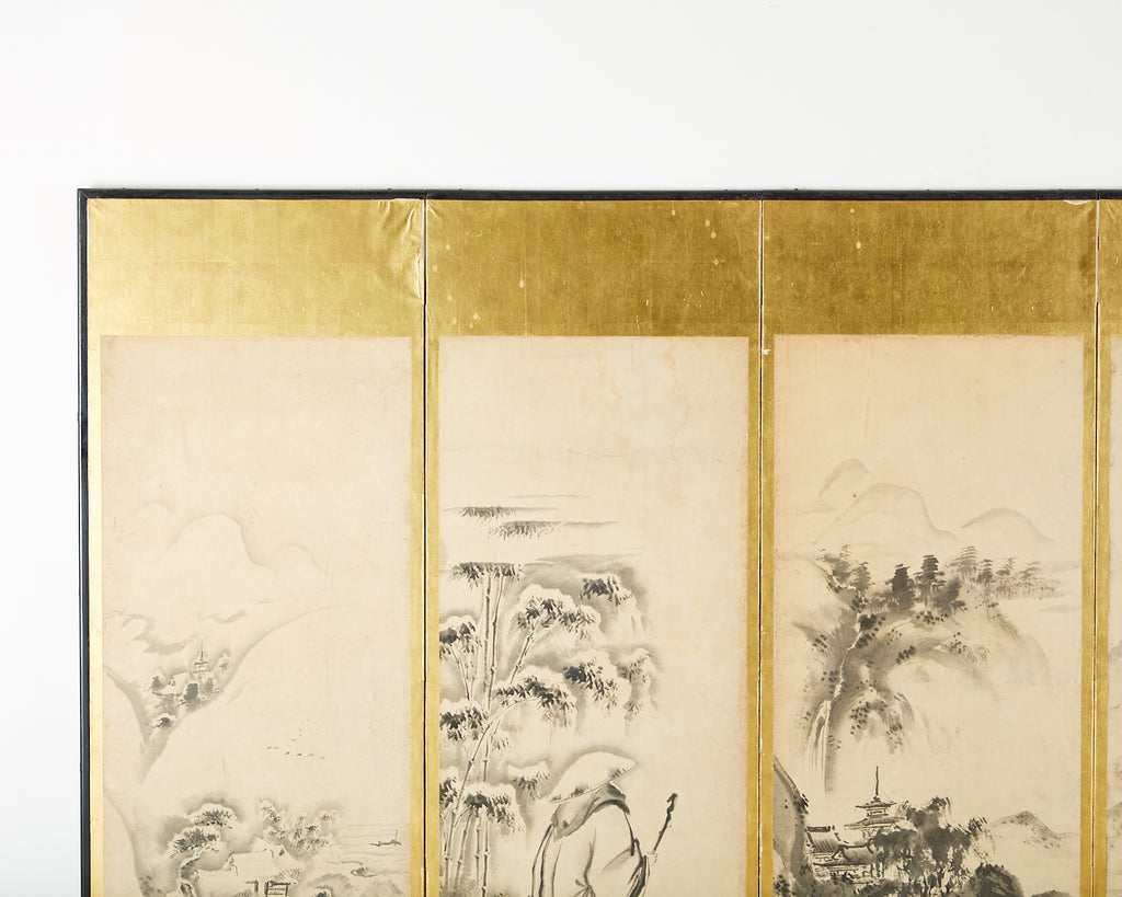Japanese Edo Six-Panel Haboku Landscapes of Seasons