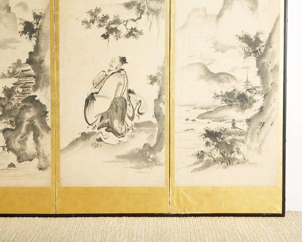Japanese Edo Six-Panel Haboku Landscapes of Seasons