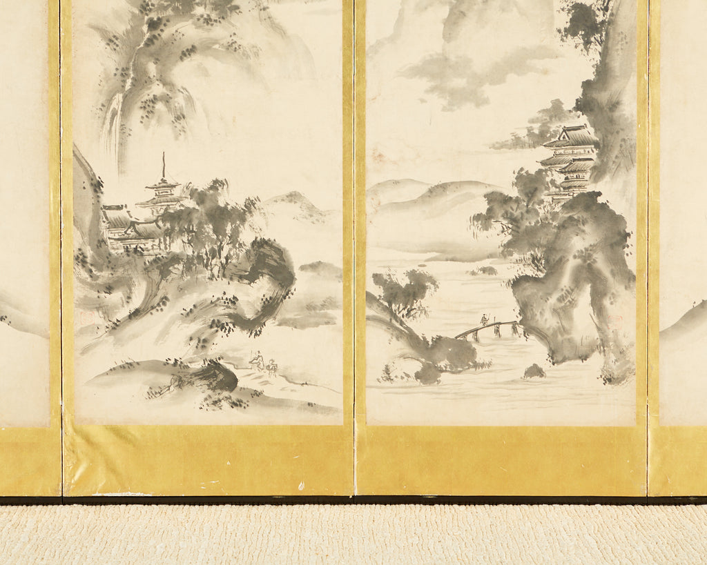 Japanese Edo Six-Panel Haboku Landscapes of Seasons