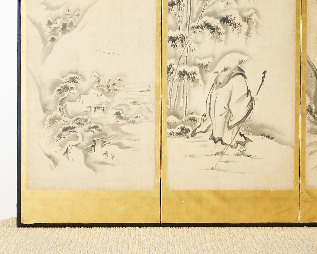 Japanese Edo Six-Panel Haboku Landscapes of Seasons