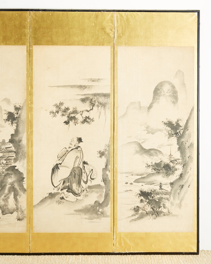 Japanese Edo Six-Panel Haboku Landscapes of Seasons