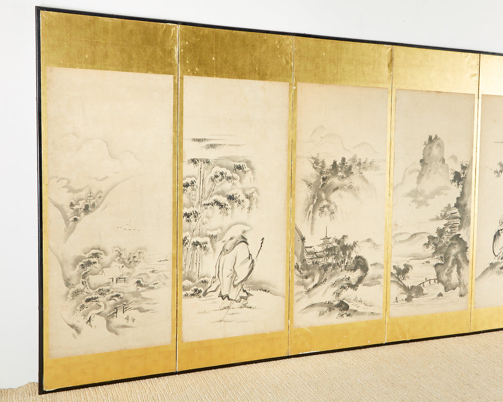 Japanese Edo Six-Panel Haboku Landscapes of Seasons