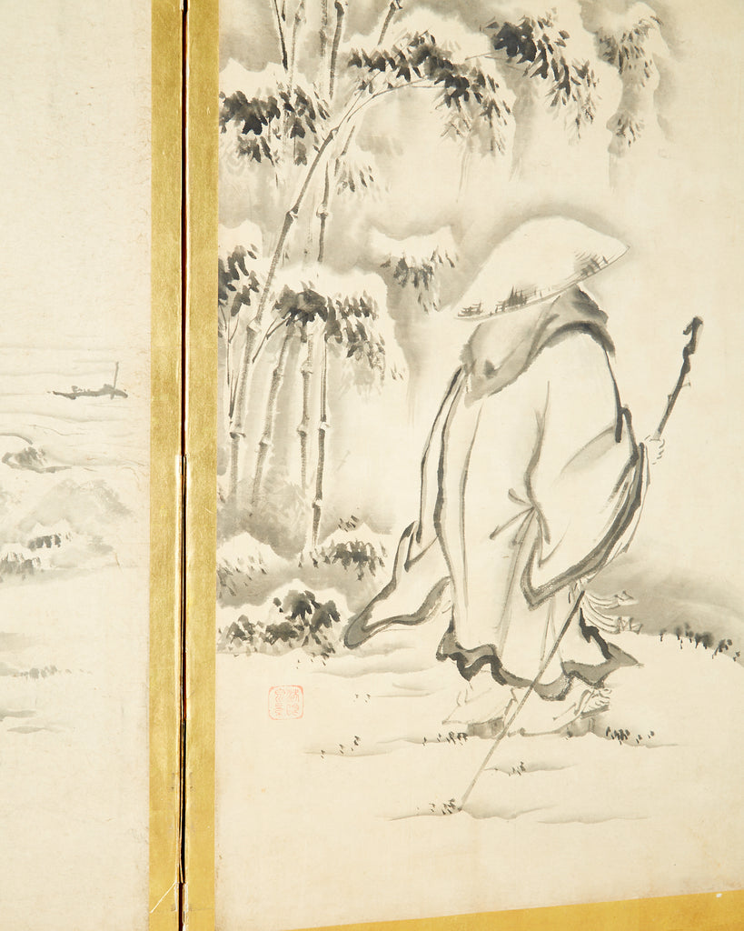 Japanese Edo Six-Panel Haboku Landscapes of Seasons