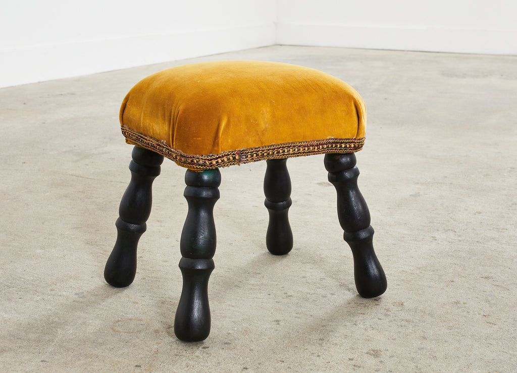 English Victorian Style Ebonized Wood and Velvet Stool