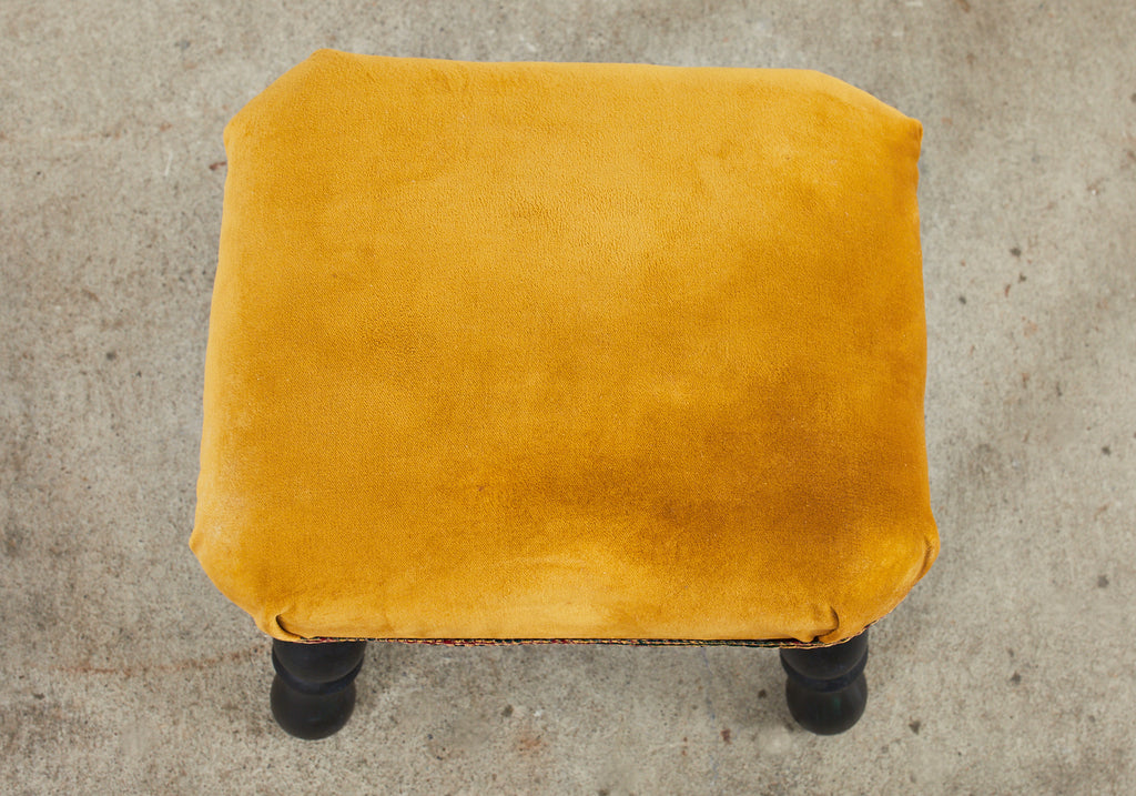 English Victorian Style Ebonized Wood and Velvet Stool