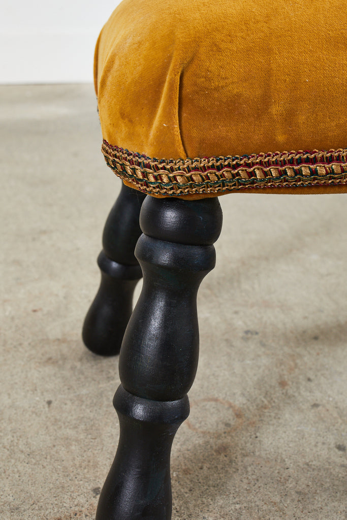 English Victorian Style Ebonized Wood and Velvet Stool