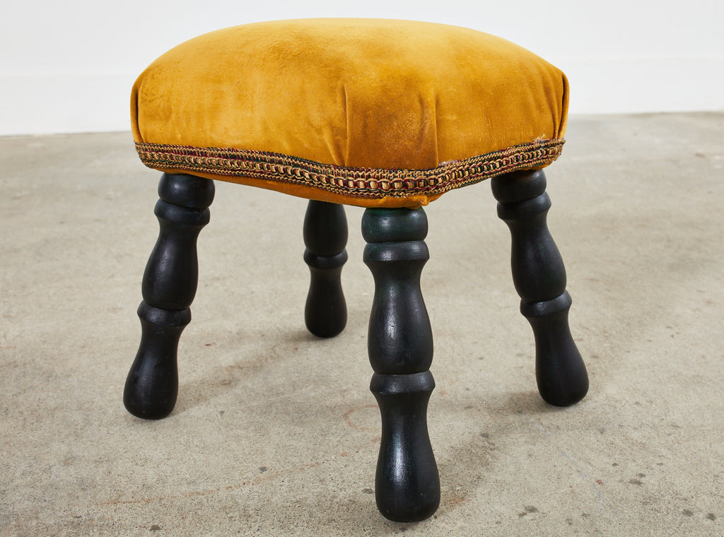 English Victorian Style Ebonized Wood and Velvet Stool