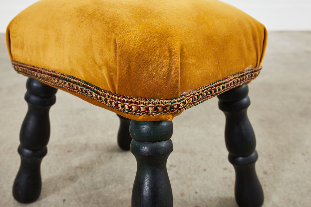 English Victorian Style Ebonized Wood and Velvet Stool