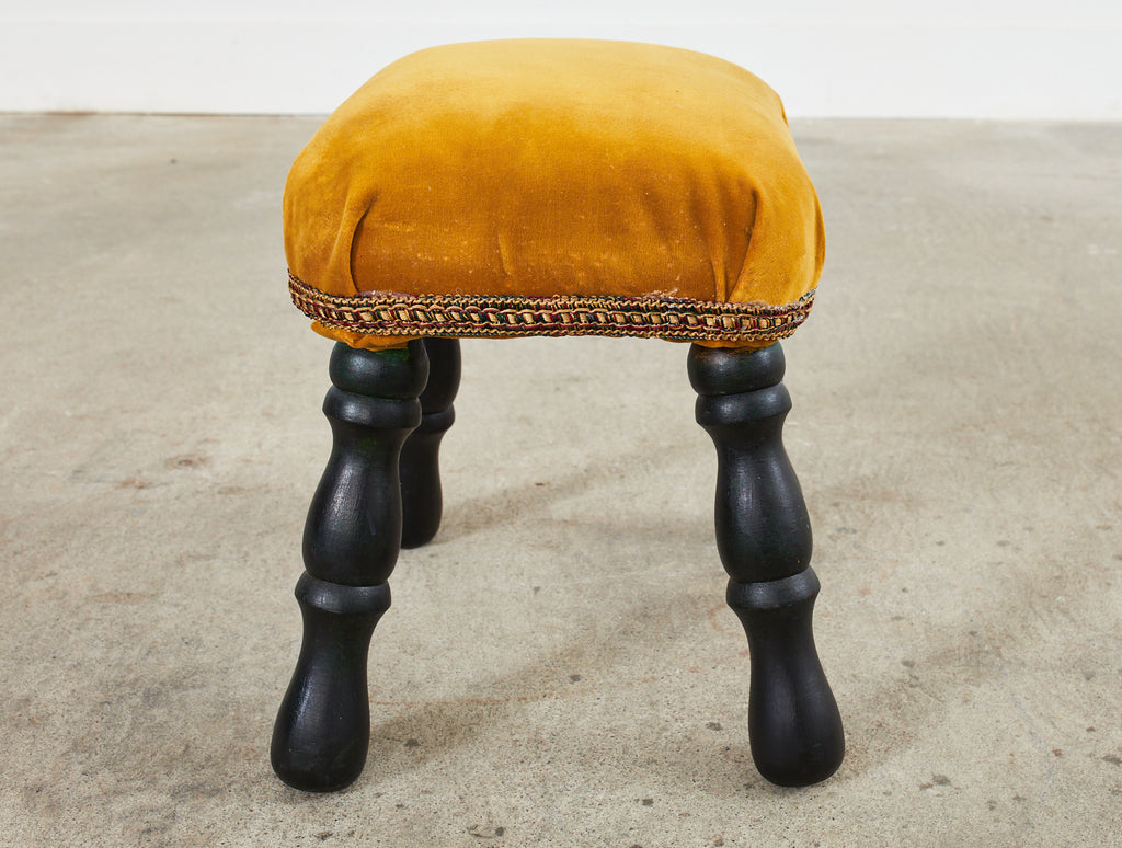 English Victorian Style Ebonized Wood and Velvet Stool