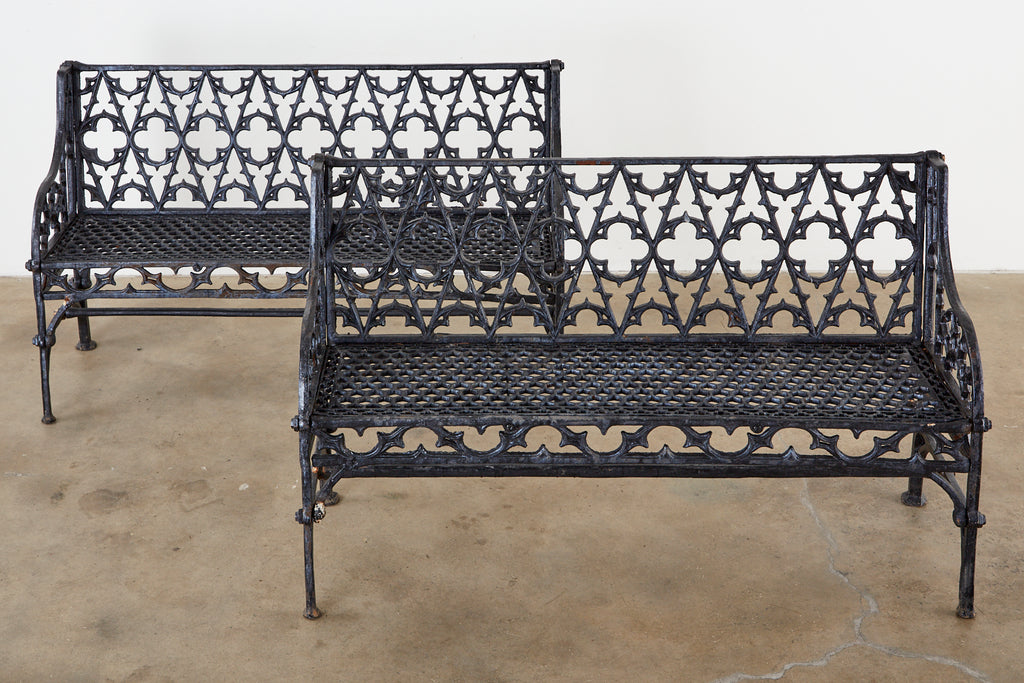 English Coalbrookdale Attributed Iron Gothic Revival Garden Benches