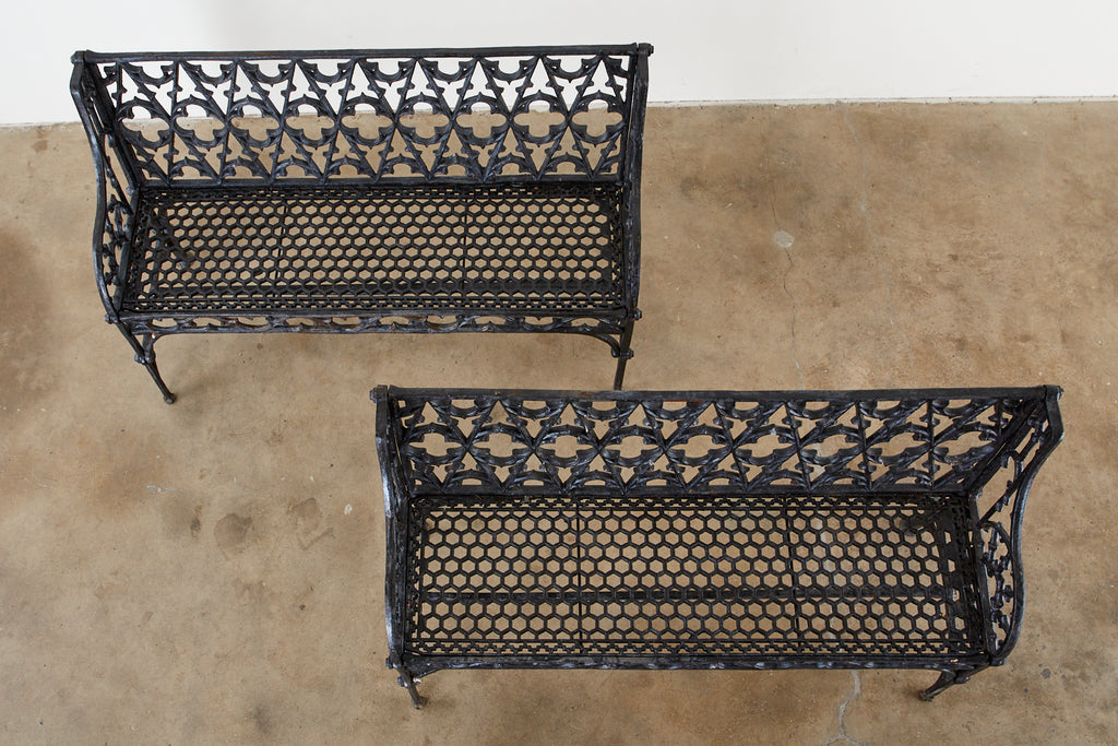 English Coalbrookdale Attributed Iron Gothic Revival Garden Benches
