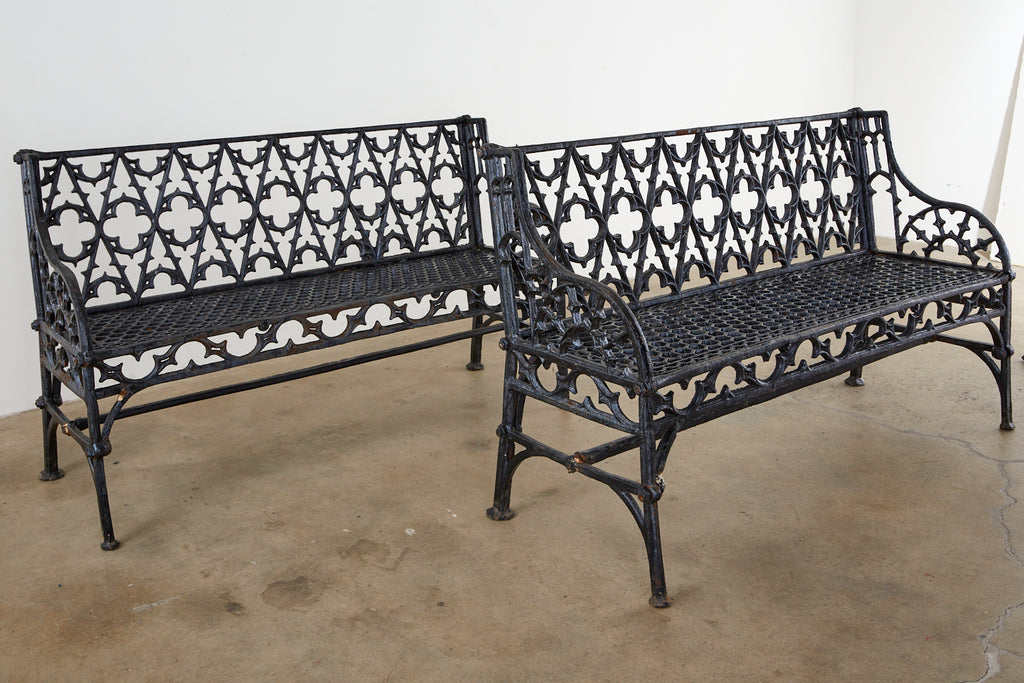 English Coalbrookdale Attributed Iron Gothic Revival Garden Benches