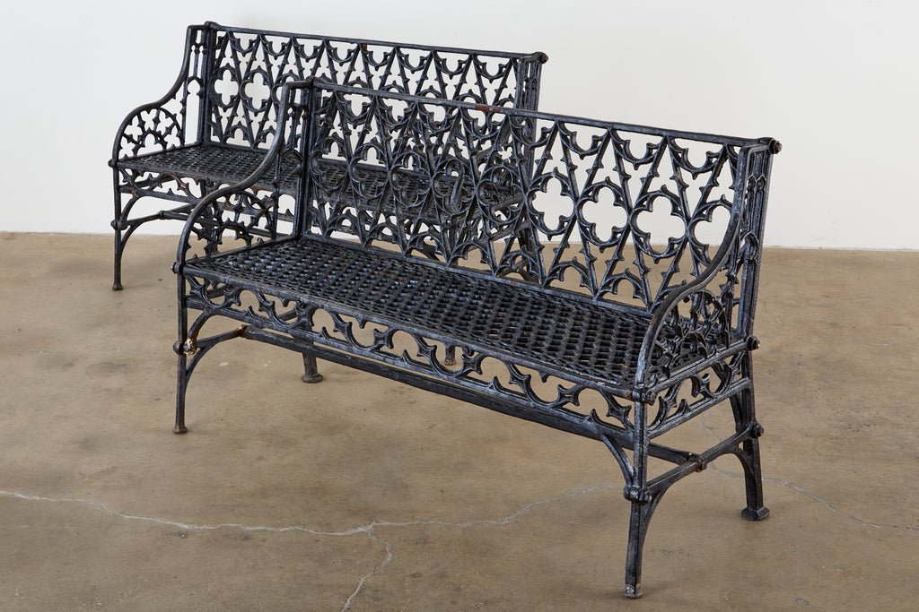 English Coalbrookdale Attributed Iron Gothic Revival Garden Benches