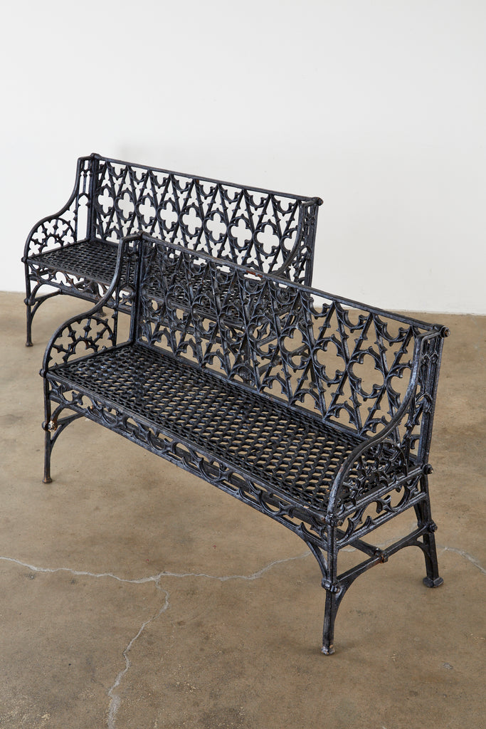 English Coalbrookdale Attributed Iron Gothic Revival Garden Benches