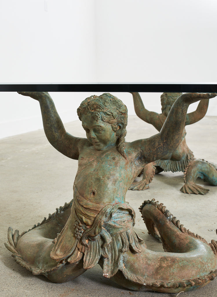 Italian Bronze Neoclassical Putti Di Mare Mermaid Cocktail Table