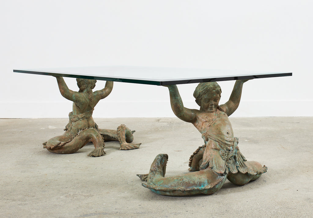Italian Bronze Neoclassical Putti Di Mare Mermaid Cocktail Table