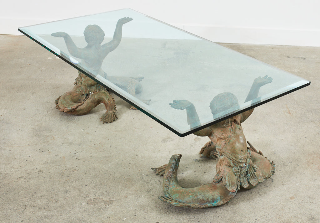 Italian Bronze Neoclassical Putti Di Mare Mermaid Cocktail Table
