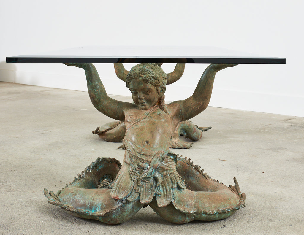 Italian Bronze Neoclassical Putti Di Mare Mermaid Cocktail Table