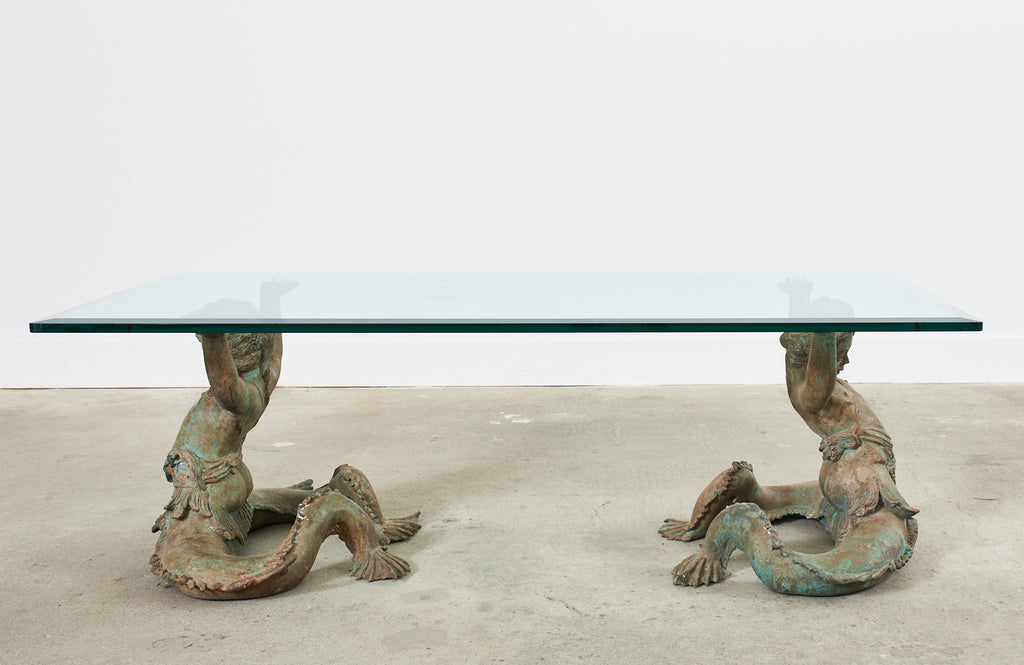 Italian Bronze Neoclassical Putti Di Mare Mermaid Cocktail Table