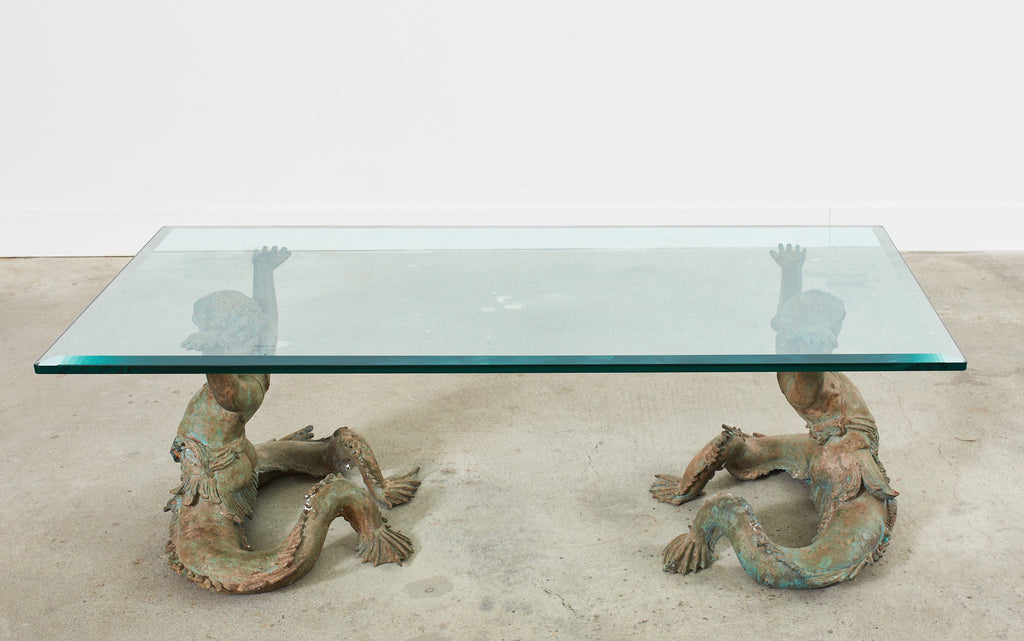 Italian Bronze Neoclassical Putti Di Mare Mermaid Cocktail Table