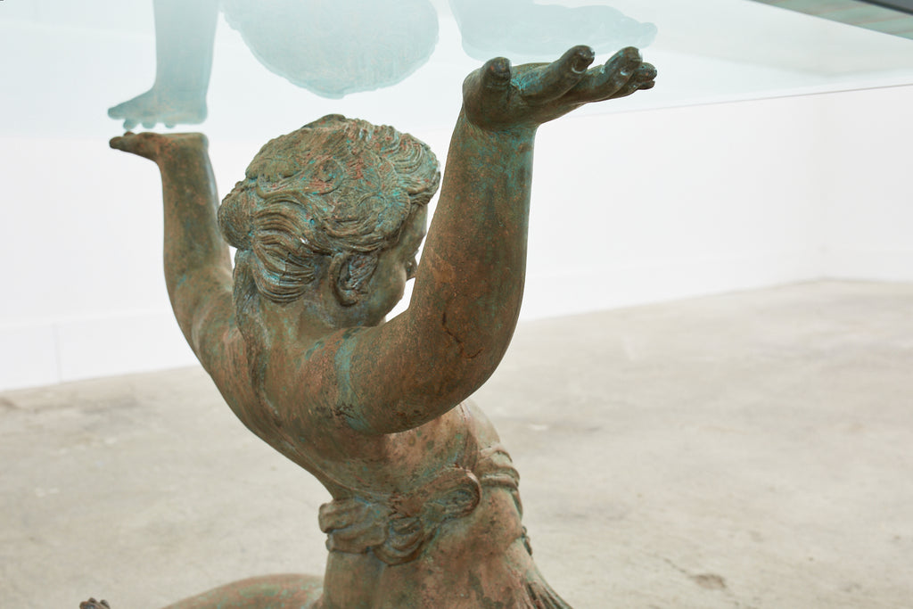 Italian Bronze Neoclassical Putti Di Mare Mermaid Cocktail Table