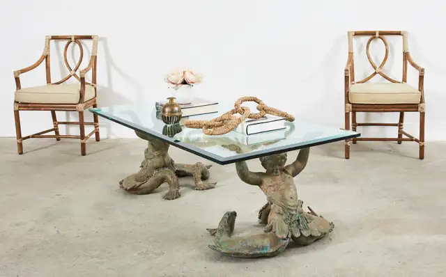 Italian Bronze Neoclassical Putti Di Mare Mermaid Cocktail Table