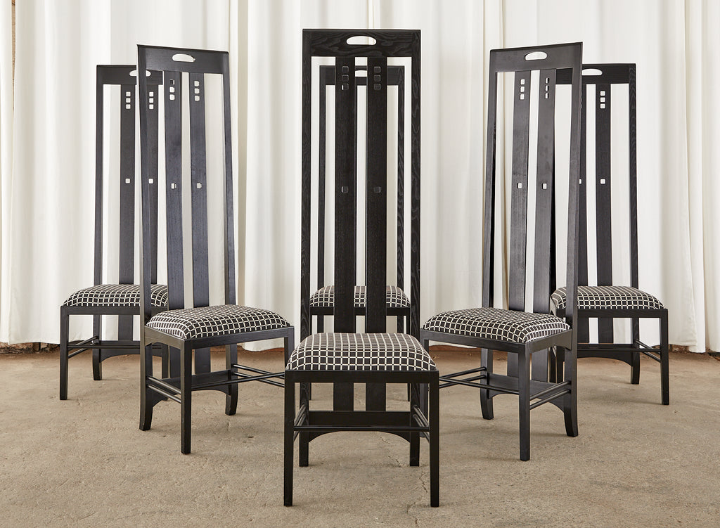 Set of Six Mackintosh Style High Back Ebonized Dining Chairs