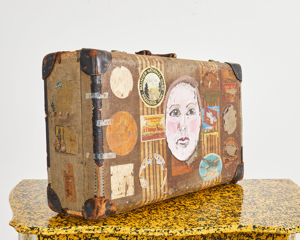 Folk Art Painted Face Suitcase by Artist Ira Yeager