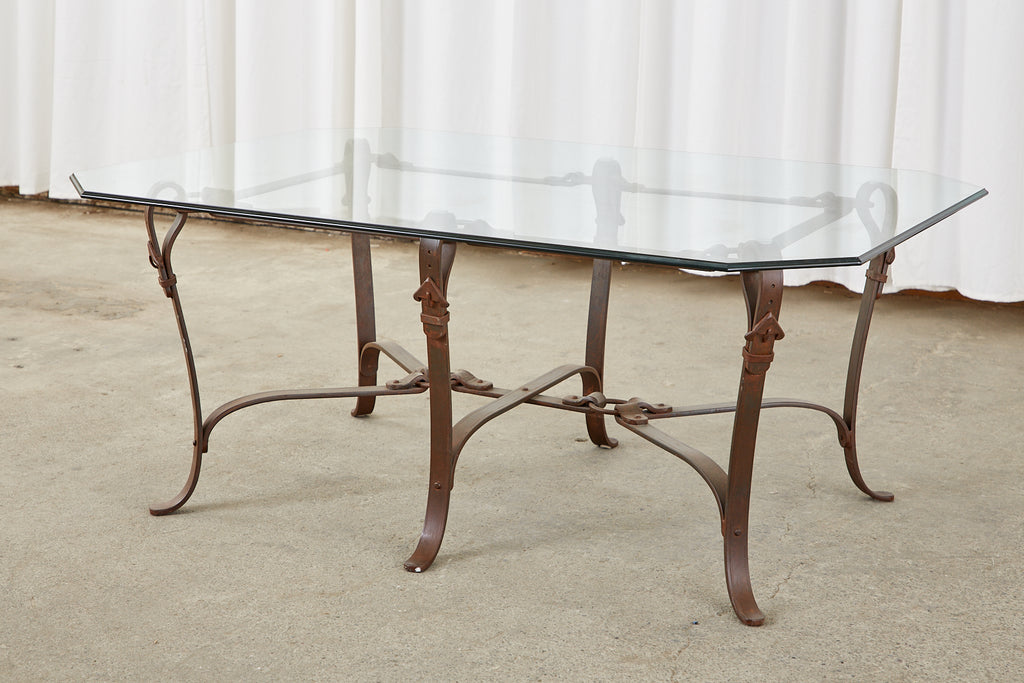 Adnet Hermes Style Faux Leather Iron Strap Cocktail Table