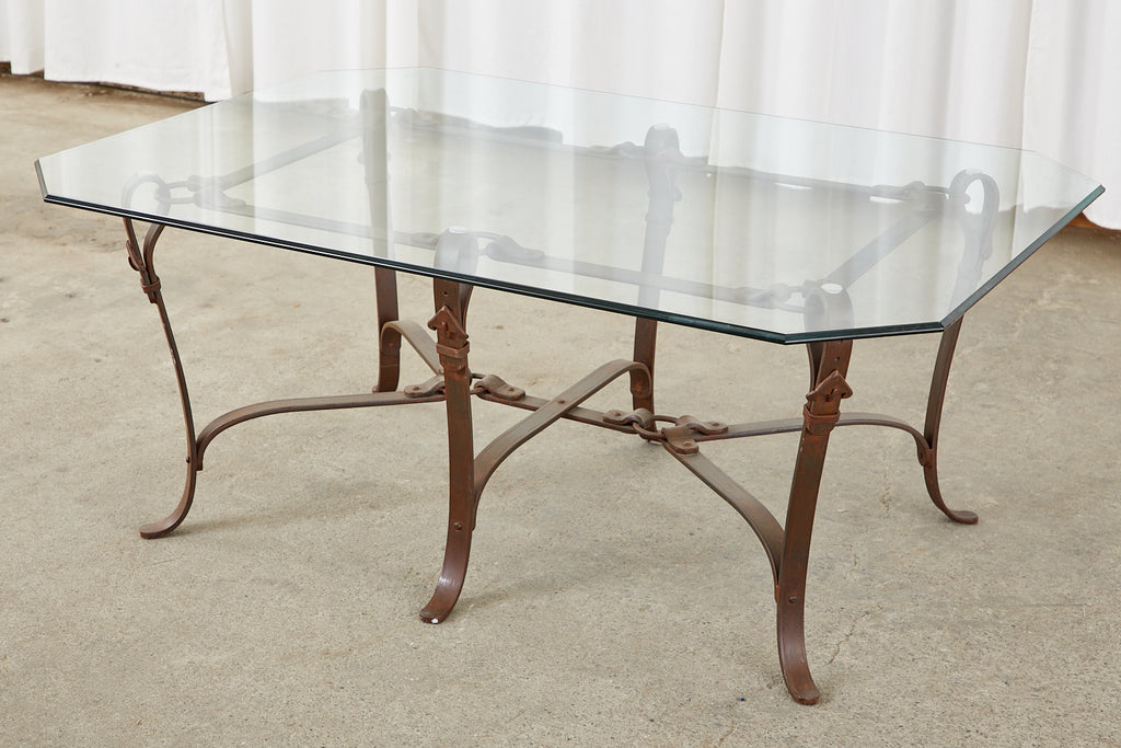 Adnet Hermes Style Faux Leather Iron Strap Cocktail Table