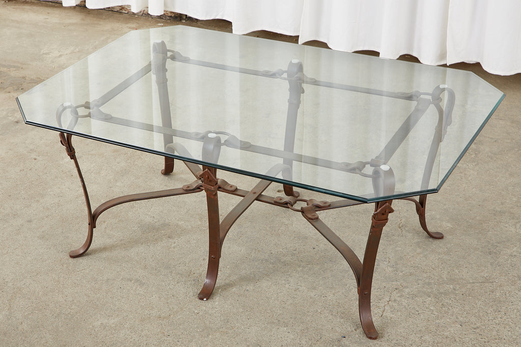 Adnet Hermes Style Faux Leather Iron Strap Cocktail Table