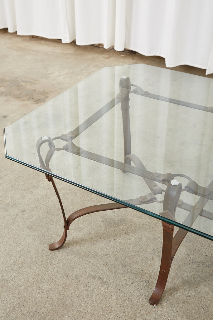 Adnet Hermes Style Faux Leather Iron Strap Cocktail Table