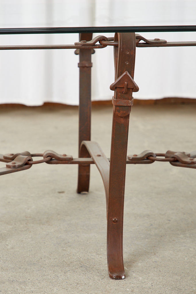 Adnet Hermes Style Faux Leather Iron Strap Cocktail Table