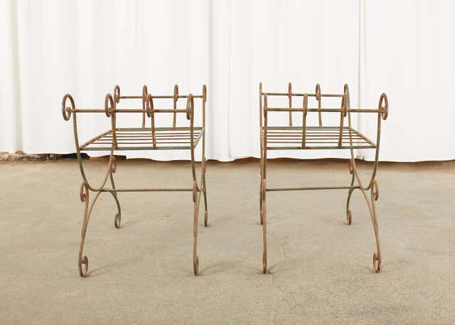 Pair of Hollywood Regency Wrought Iron Curule Benches