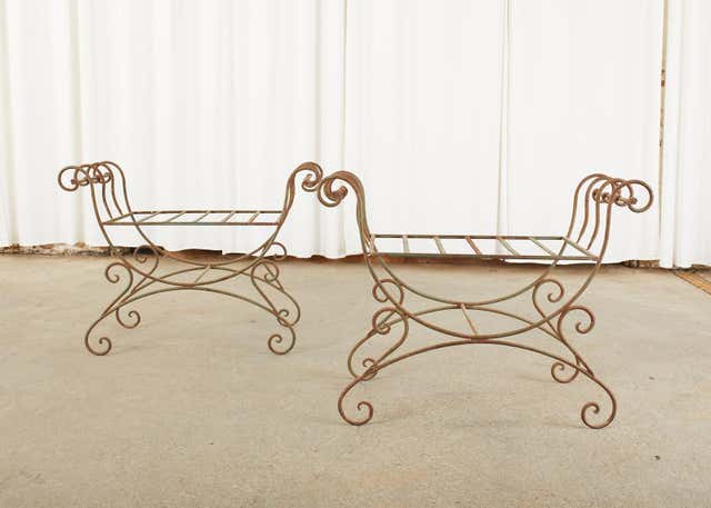 Pair of Hollywood Regency Wrought Iron Curule Benches
