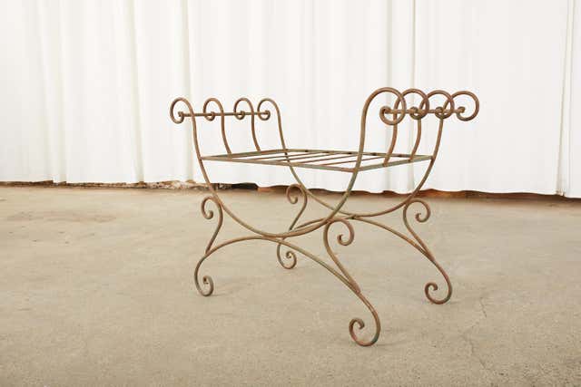 Pair of Hollywood Regency Wrought Iron Curule Benches