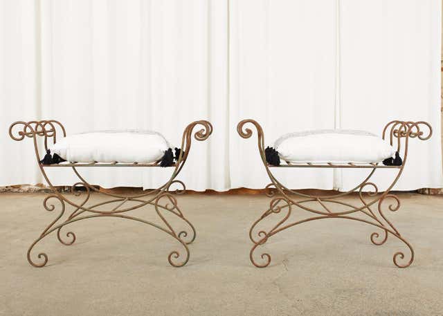 Pair of Hollywood Regency Wrought Iron Curule Benches